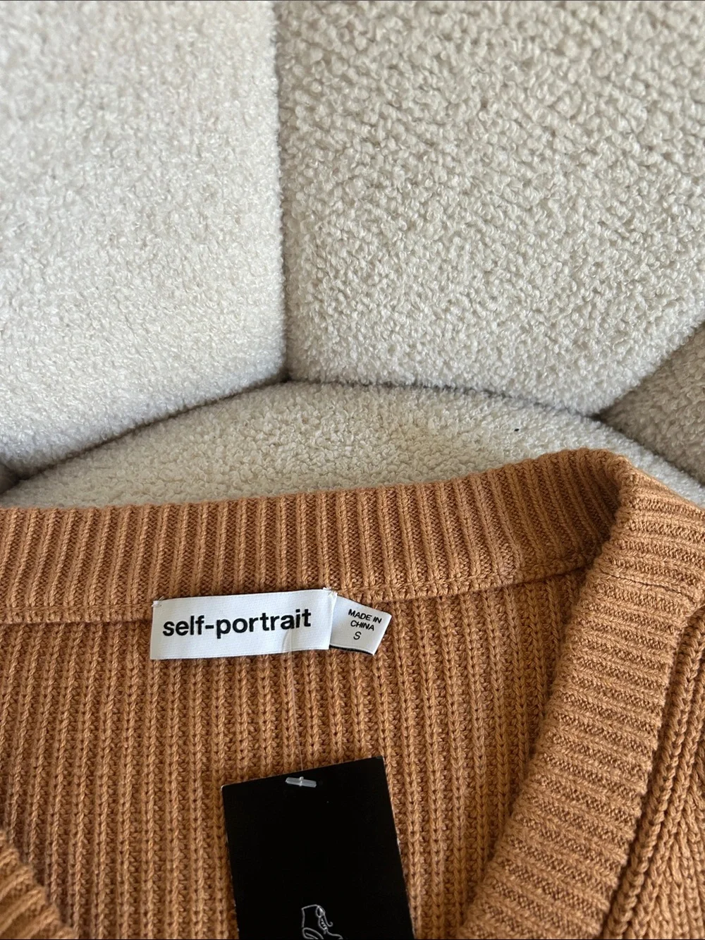 Self-Portrait Camel Off-Shoulder Jeweled Crop Sweater